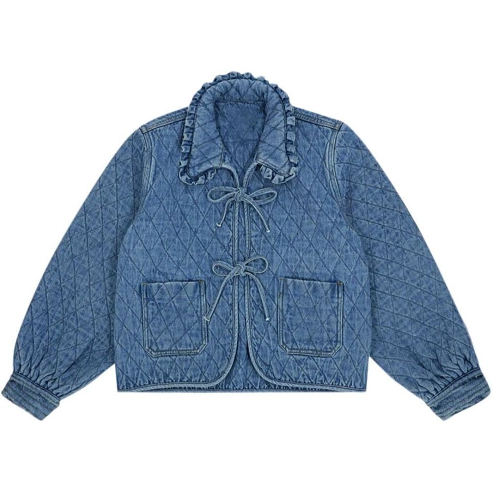 Womens Quilted Denim Puffer Jacket X-Large Tie Front Ruffle Collars - Picture 6 of 6